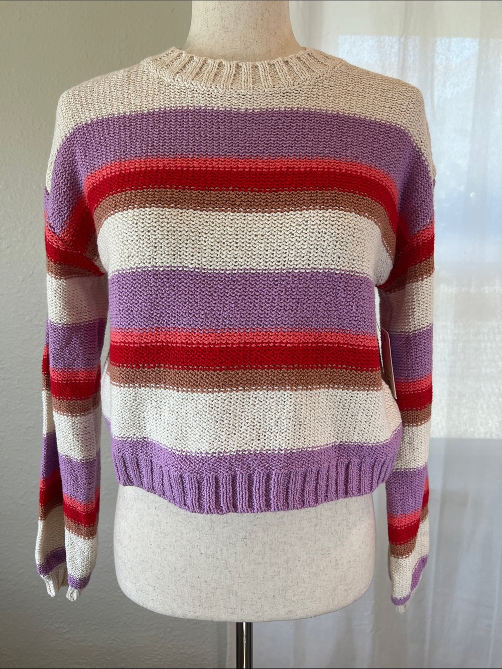 Billabong Striped Crewneck Sweater in Lavender, Red & Cream. Youth L. NWT